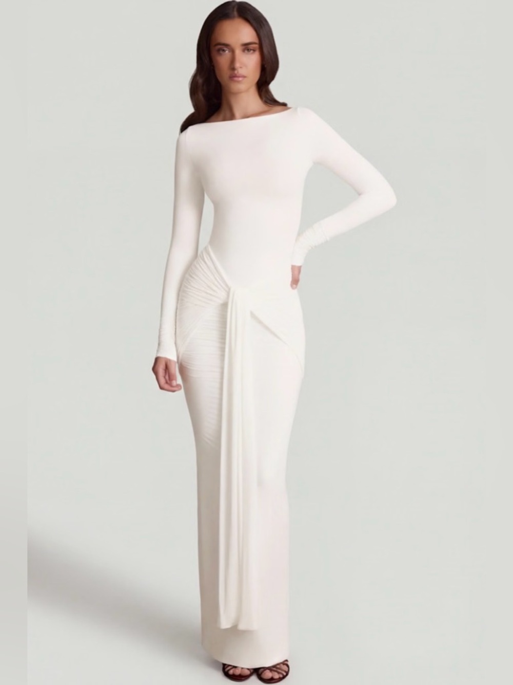 Oh Polly White Long Sleeve Draped Knot Maxi Dress